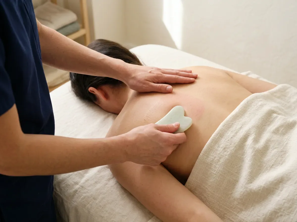 Gua sha stone on the shoulder NYC